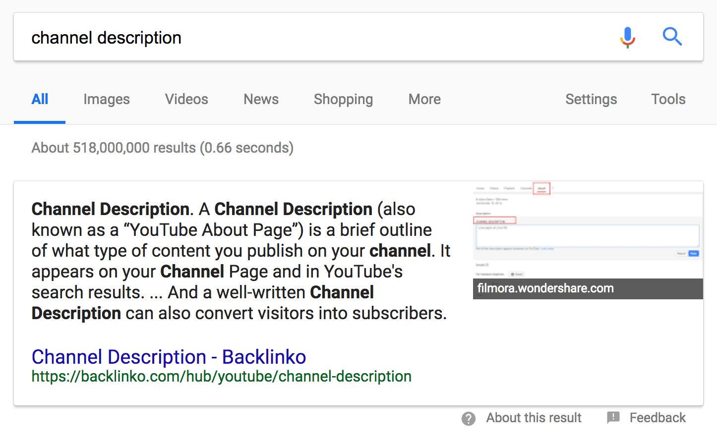 "Channel description" Featured Snippet